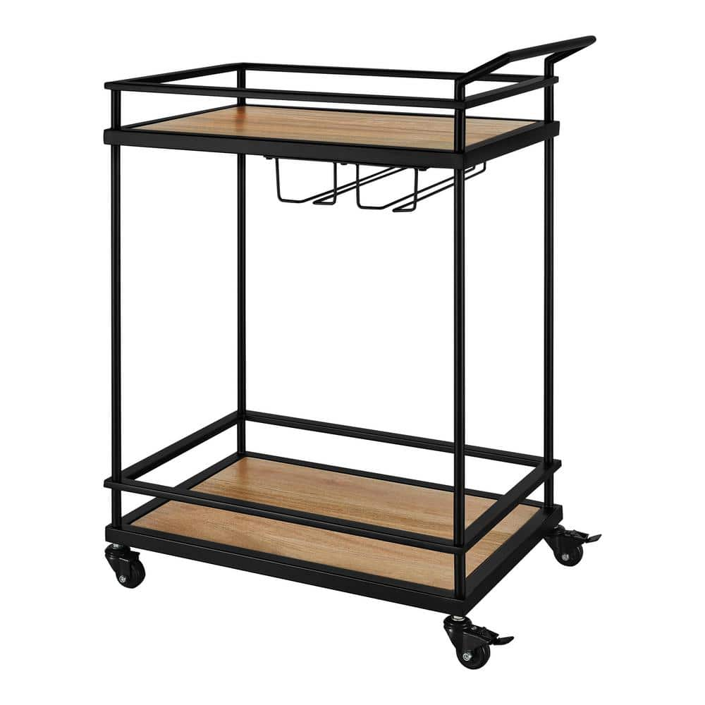 StyleWell Black Metal Bar Cart with Natural Wood Shelves (26 in. W) DC14-2732