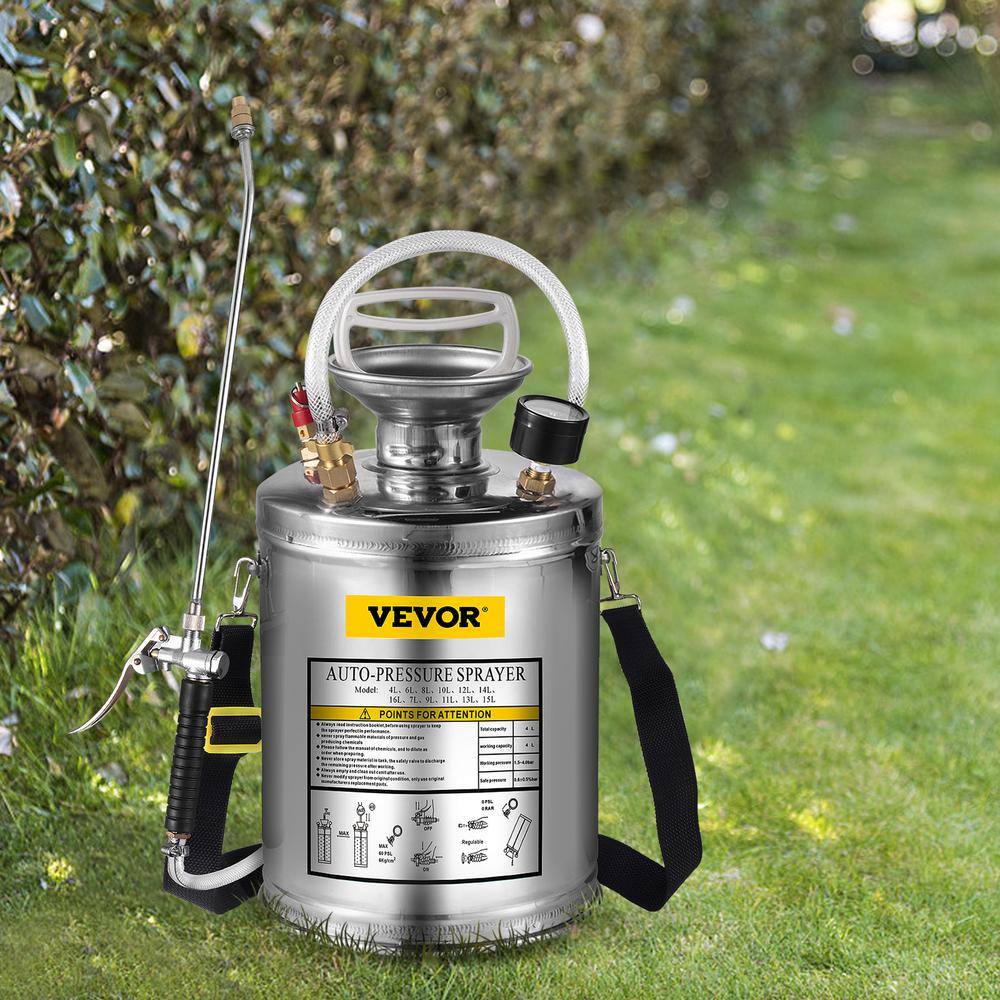 VEVOR 1 Gal. Stainless Steel Sprayer Metal Pump Sprayer with 12 in. Wand Handle and 3 ft. Reinforced Hose for Gardening PWQBXG4L000000001V0