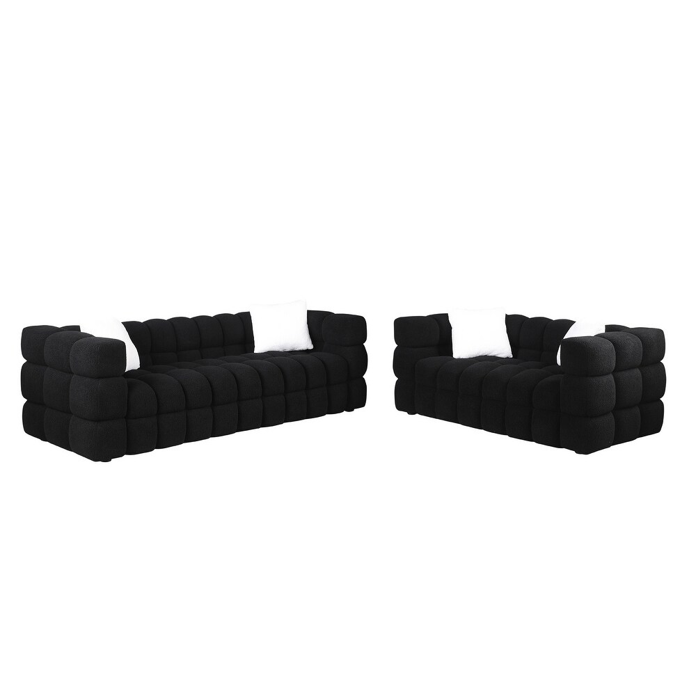 Marshmallow 2pc Sofa Sets  Deep Seat Black Boucle Sofa with Pillows  Lovesaet+3 Seater Straight Row Couch for Living Room