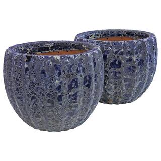 Sunnydaze 12 in. (30.48 cm) Fluted Lava Finish Ceramic Planter - Dark Blue Distressed Ceramic - (Set of 2) VBD-646