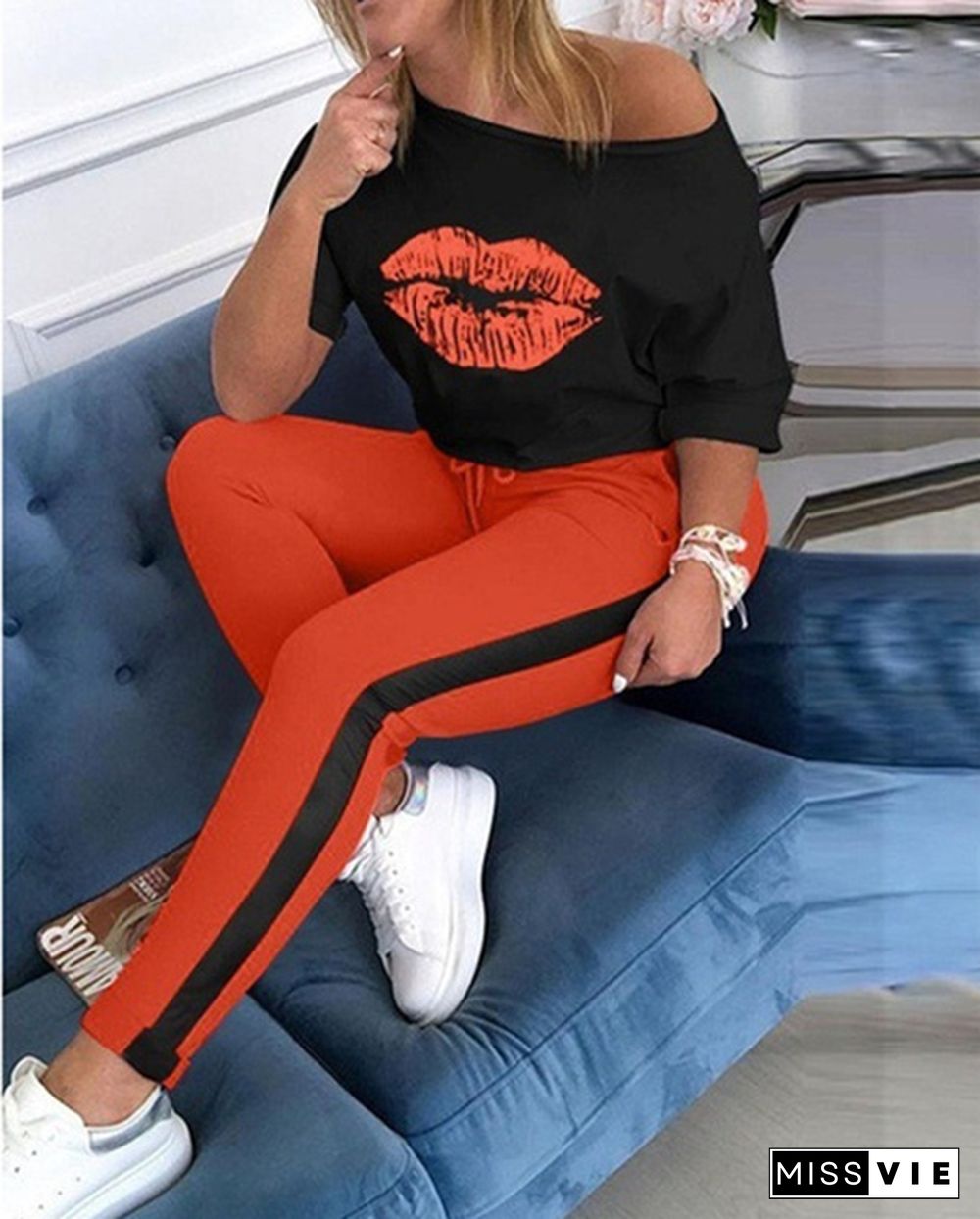 Women Lip Print Top & Colorblock Striped Pant Sets Casual Short Sleeve Loose Off Shoulder Tops+ Leggings Women's Fashion Sport Suit Tracksuit Sportwear Two Piece Sets Outfit Playsuit