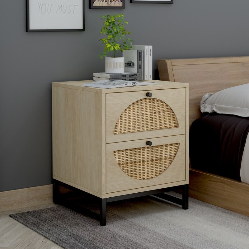 Rattan Design Nightstand with 2 Drawers (Set of 2)