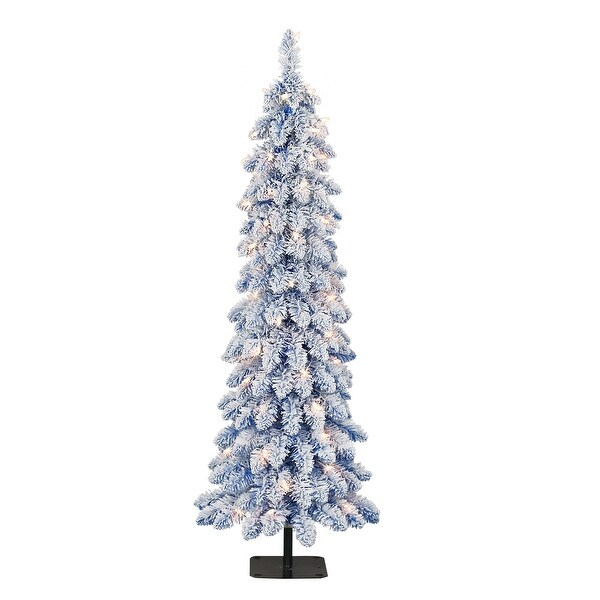 Puleo International 4 ft. PreLit Flocked Blue Artificial Alpine Pencil Tree