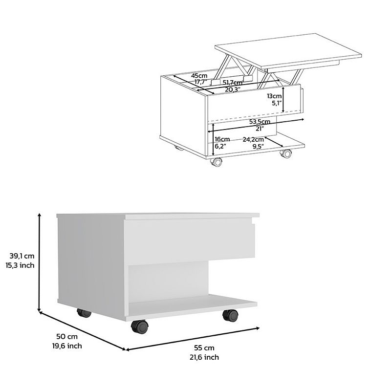 DEPOT E-SHOP Babel Lift Top Coffee Table， Casters， One Shelf， White