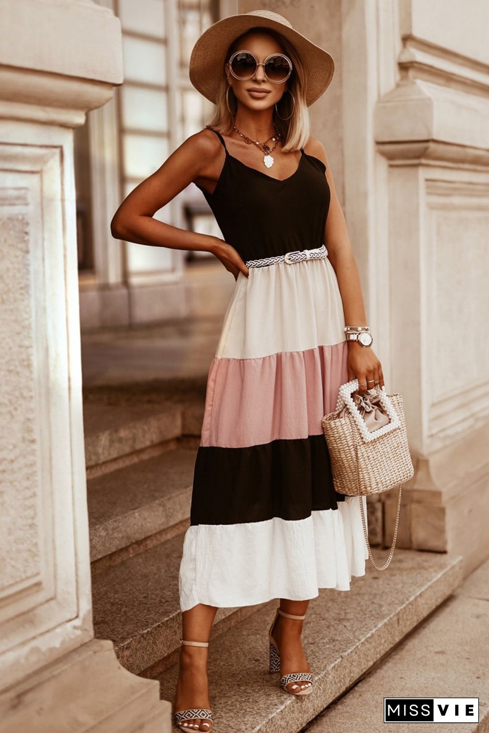 Black Color Block Sleeveless V Neck Long Dress