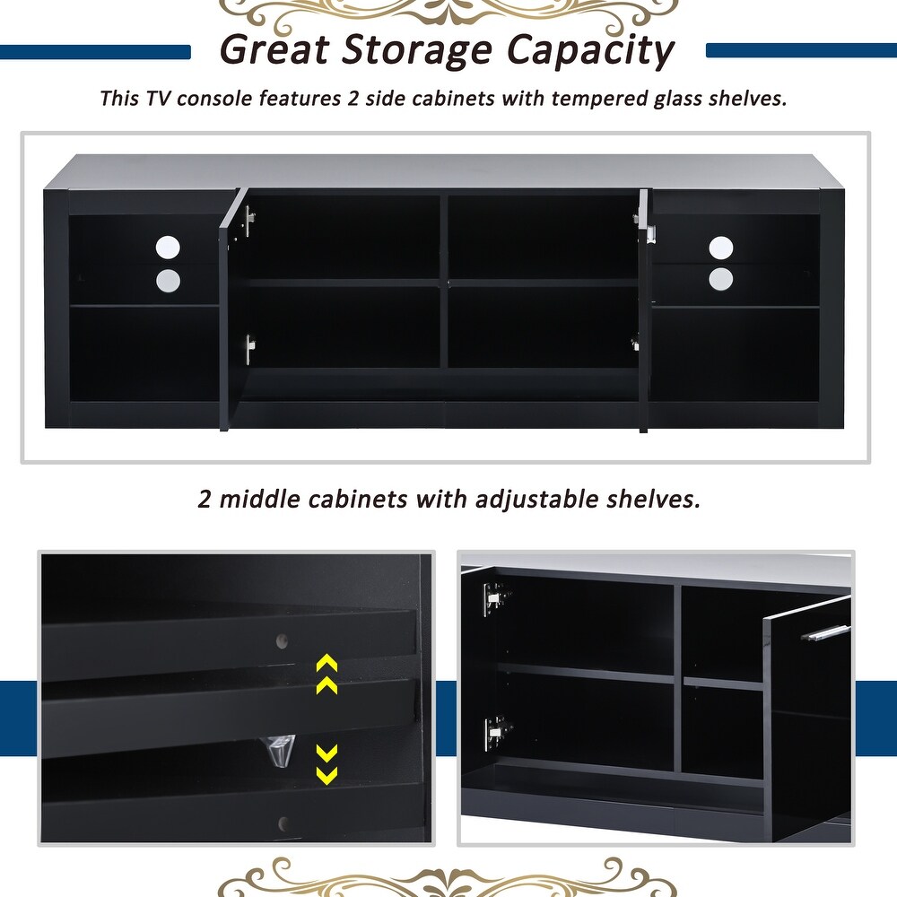 High Gloss TV Console LED TV Stand TV Console with 2 Tempered Glass Storage Rack and Double Doors Storage Cabinet