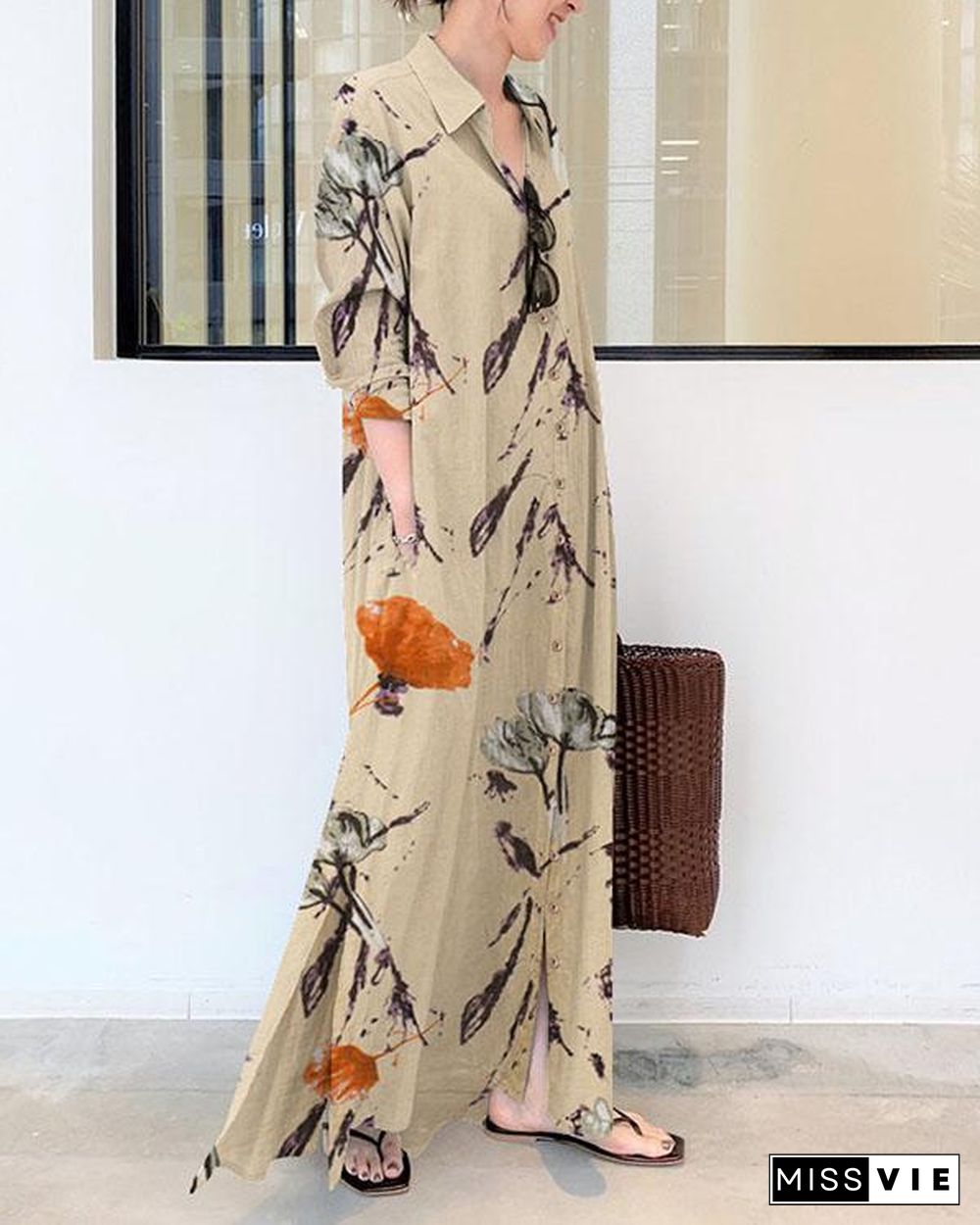 Women Floral Print Loose Linen Maxi Dresses