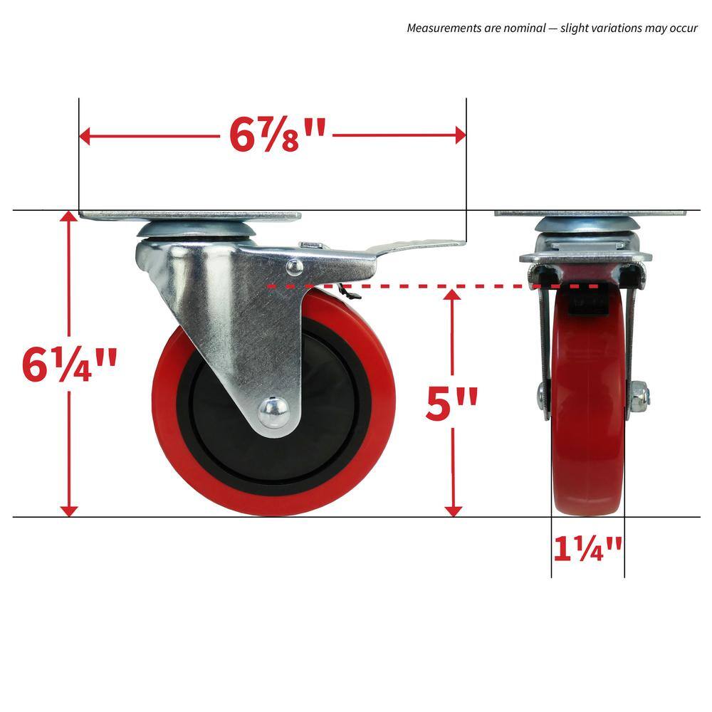 Everbilt 5 in. Red Polyurethane and Steel Swivel Plate Caster with Locking Brake and 330 lbs. Load Rating 4120945EB