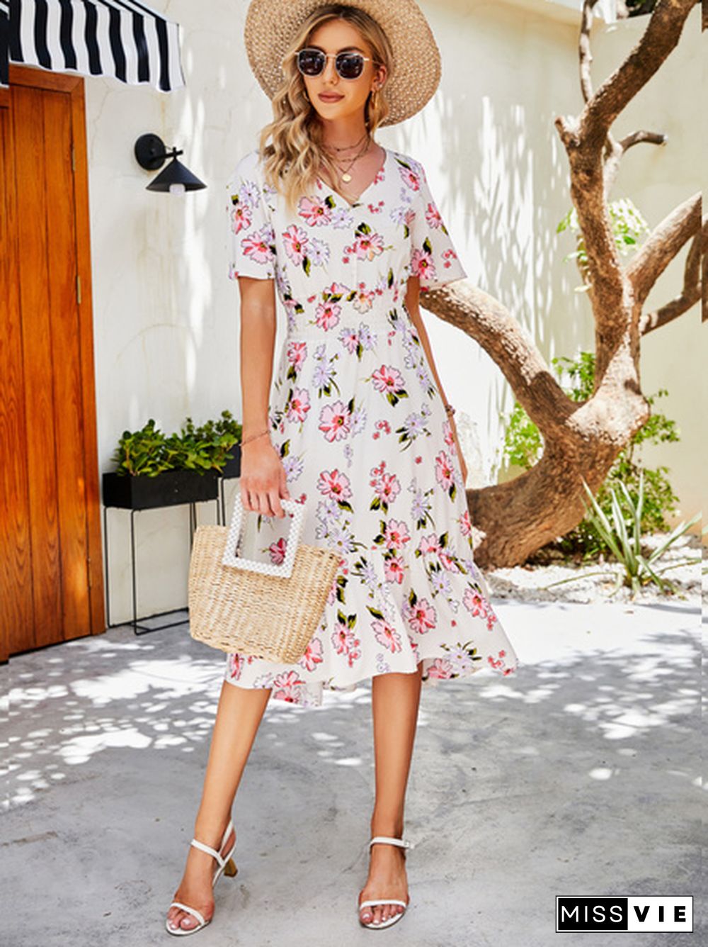 Disty Floral Smocked Elastic Waist Ruffle Hem Dress