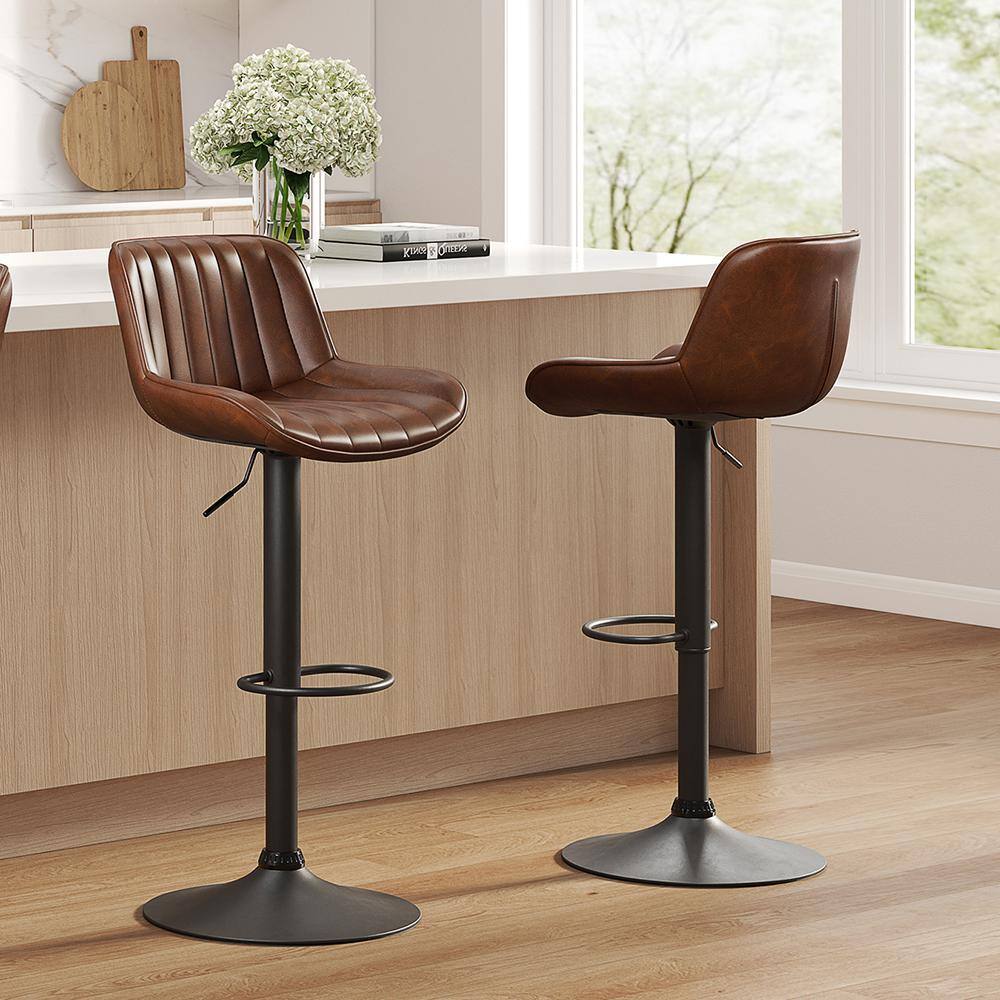 Art Leon Modern Cognac Faux Leather Swivel Adjustable Height Bar Stools with Black Base Set of 2 BS006-4