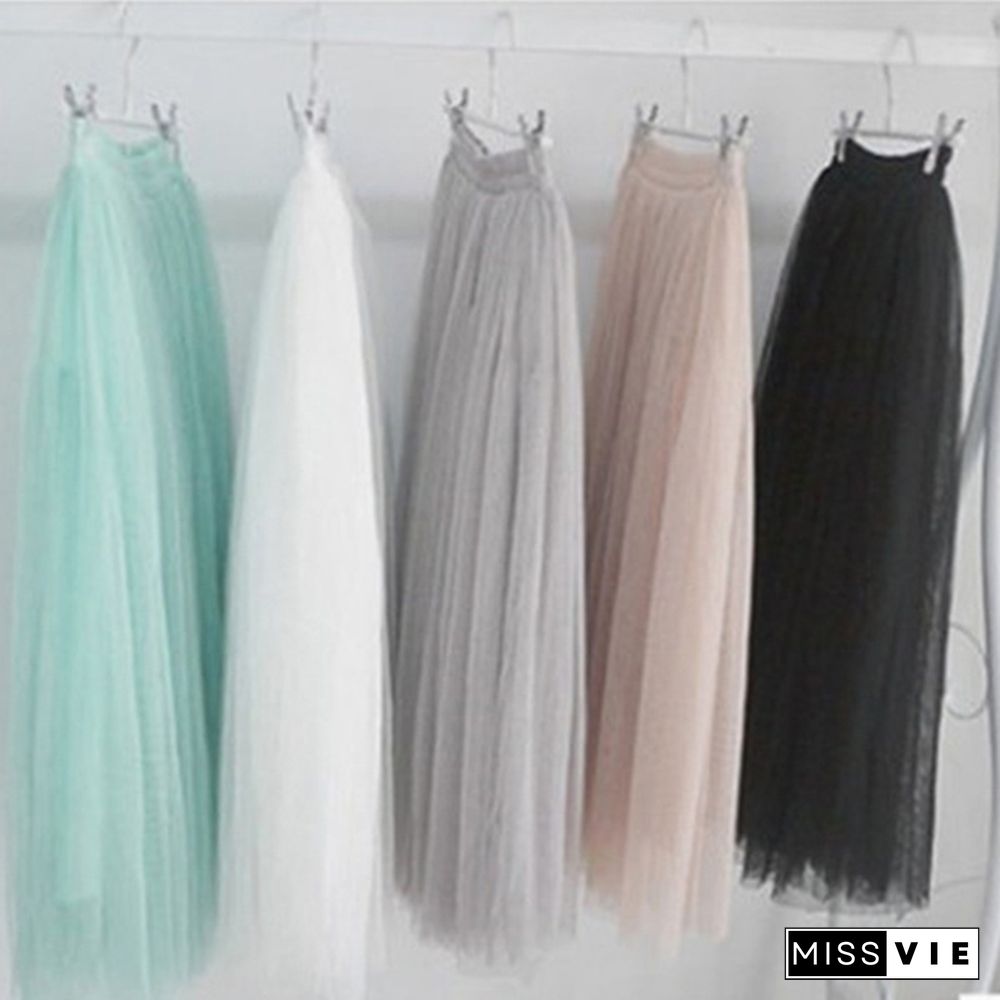 Women Summer Elastic High Waist 4 Layers Tulle Skirts Ladies Long Mesh Skirt Womens Maxi Pleated Skirt