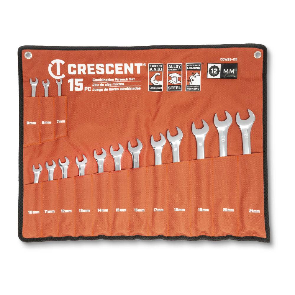 CRESCENT Metric Combination Wrench Set with Tool Roll 12 Point 15pc