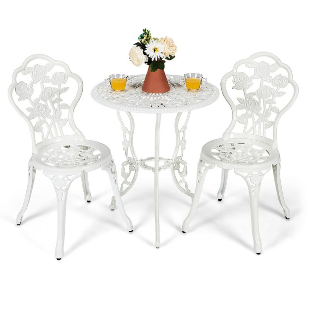 Costway 3pcs Cast Aluminum Patio Bistro Furniture Set Rose Design Outdoor White