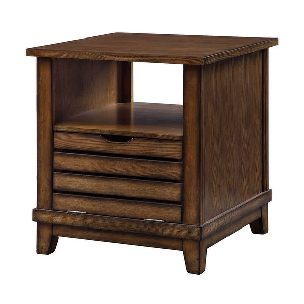 Wooden End Table with Drop-down Door in Oak Finish