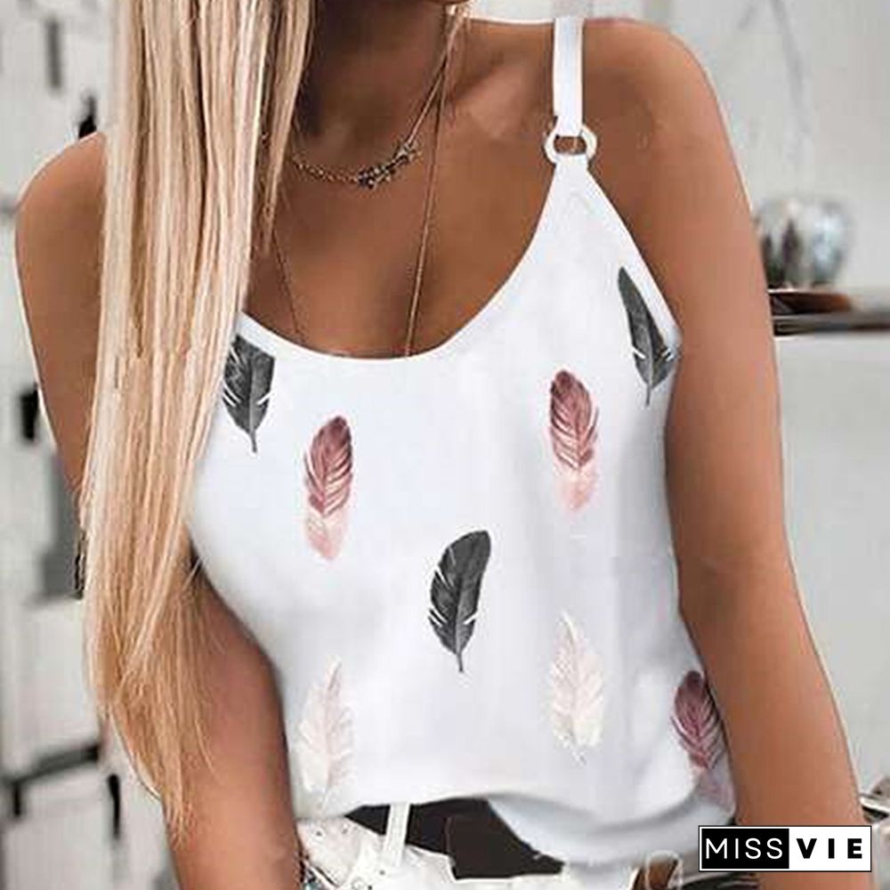 Plumage Printed Womens Tank Top U Neck Spaghetti Strap Camisole Sleeveless Beach Style Summer Tops Shoulder Buckle Tops