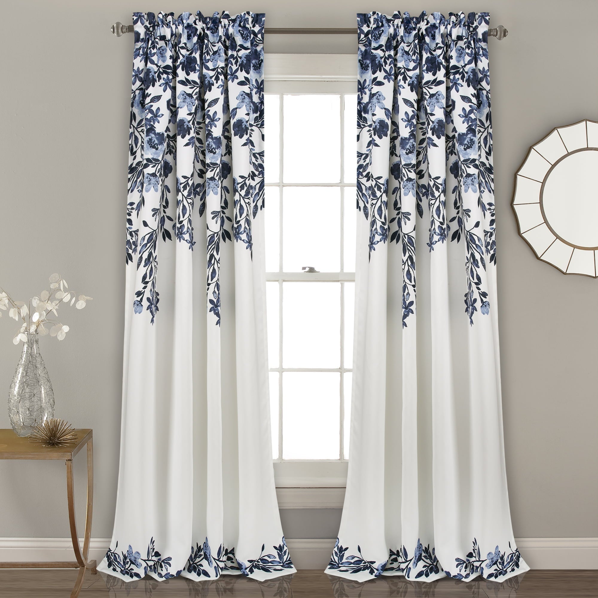 Lush Decor Tanisha Room Darkening 95" x 52" + 2" Header Floral Navy 3" Rod Pocket Pair Window Panel Curtain