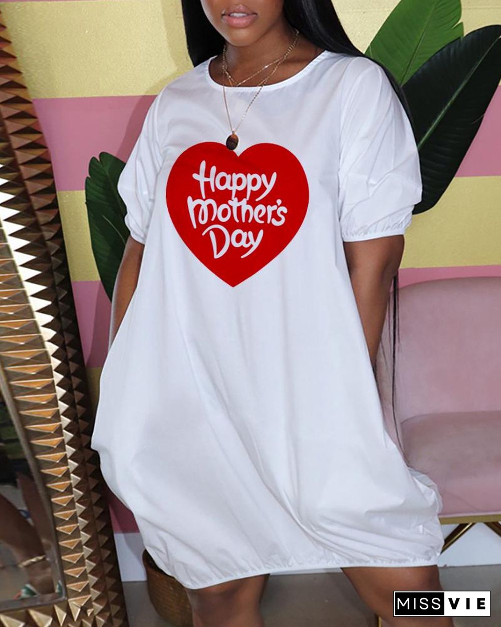 Mother's Day Letter Heart Print Ruched Casual T-shirt Dress