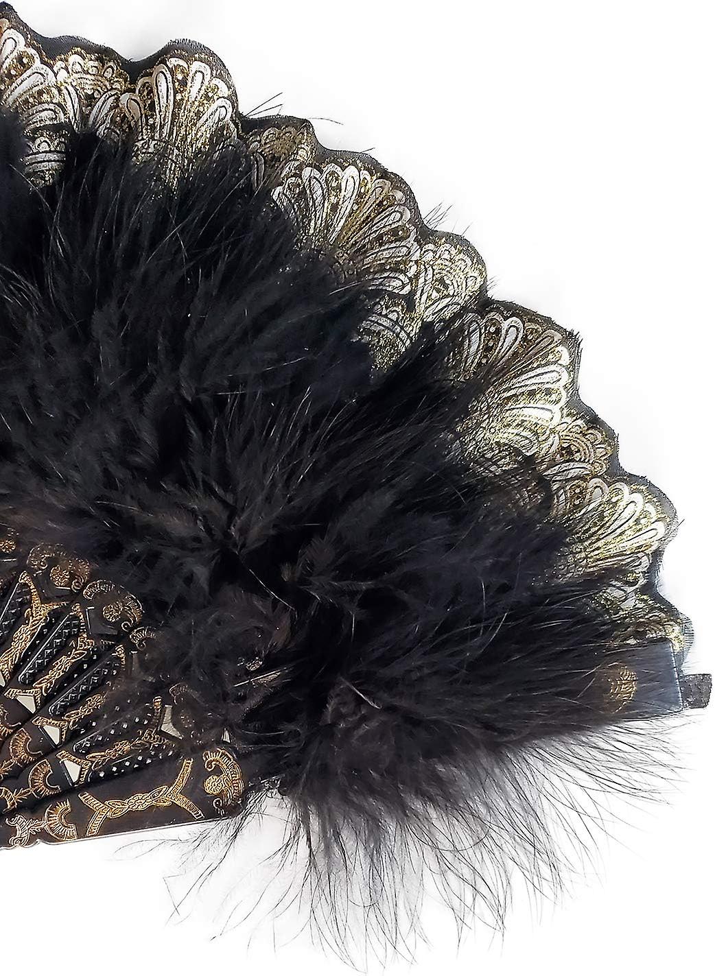 Embroidered Flower Feather Fan With Fringe Pendant， 1920s Vintage Style Flapper Hand Fan For Costume Party Dancing-black