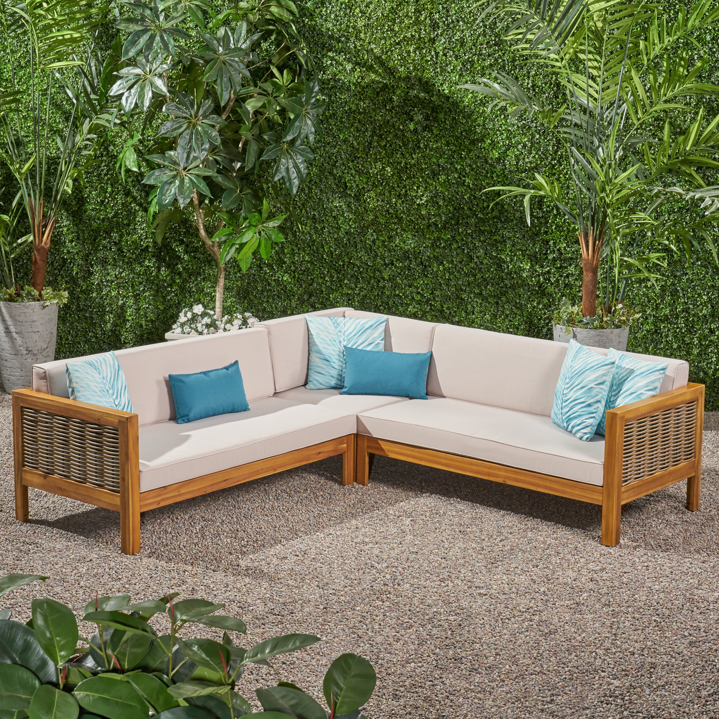 Theresa Outdoor Wood and Wicker 5 Seater Sectional Sofa Set