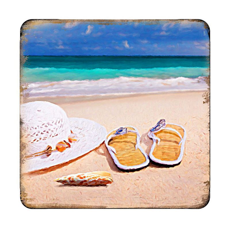 Beach Sandals and Hat Coastal Wooden Cork Coasters Gift Set of 4 by Nature Wonders