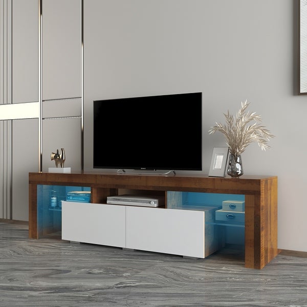 63''L Matt Laminate Finish TV Stand Cabinet with 2 Soft-Open Front Storage Doors， 20 Colors LEDandRemote Control (up to 70'')