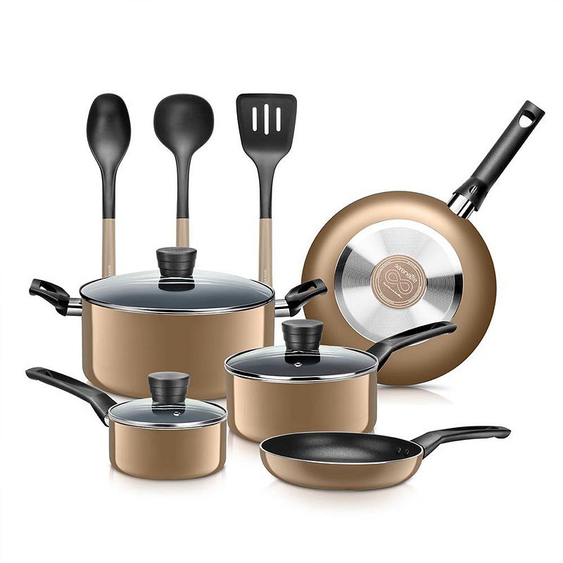 SereneLife 11 Piece Pots and Pans Non Stick Chef Kitchenware Cookware Set， Gold