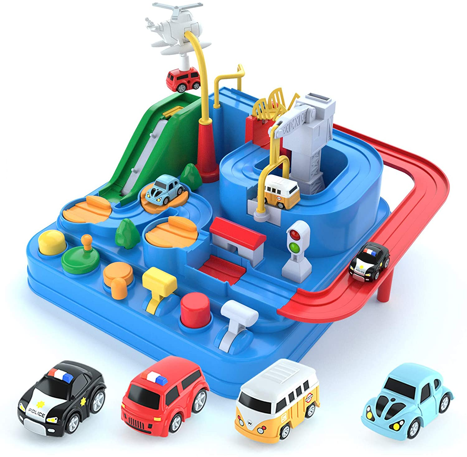 Adventure Race Car Tracks Toys for 3 4 5 6 Year Old Boys Parent-Child Interactive Racing Kids Game Set with Police car， Ambulance， School Bus， Taxi