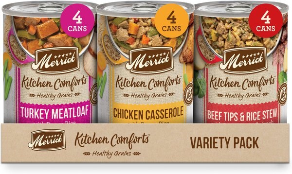 Merrick Kitchen Comforts Real Meat and Brown Rice with Grains Variety Pack Wet Dog Food， 12.7-oz can， case of 12