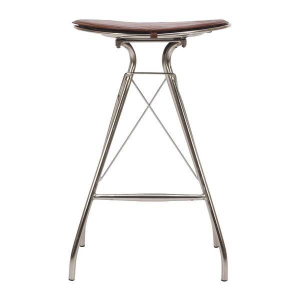 30 Inch Metal Frame Bar Stool， Round Genuine Leather Seat， Dark Brown， Silver