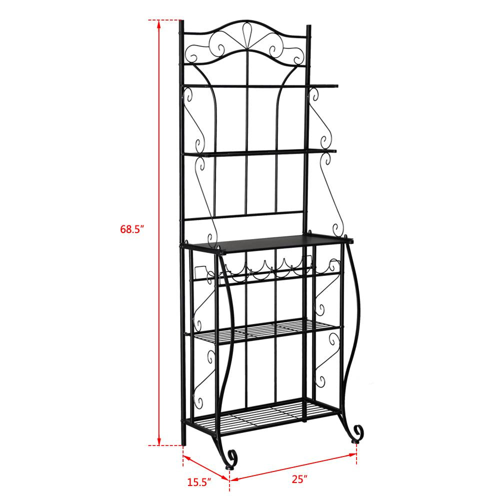 Ktaxon 6-Tier Metal Baker's Rack Kitchen Island with 5-Bottle Wine Rack Holder Storage Shelf Organizer， Freestanding Microwave Oven Stand Coffee Bar Table， Black