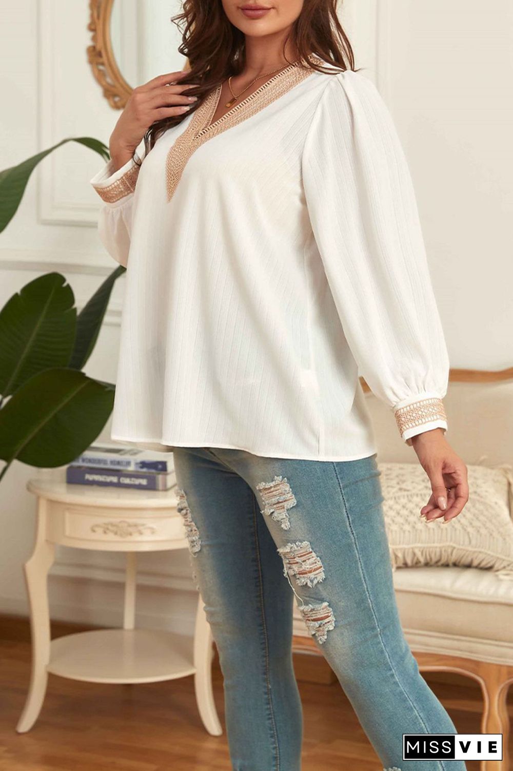 Plus Size White Texture V Neck Blouse