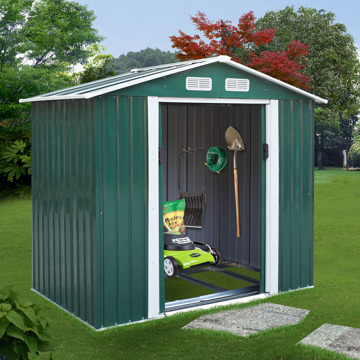 Jaxpety 7' x 4' Large Outdoor Steel Storage Shed with 4 Vents,Double Sliding Door, Stable Base, Green