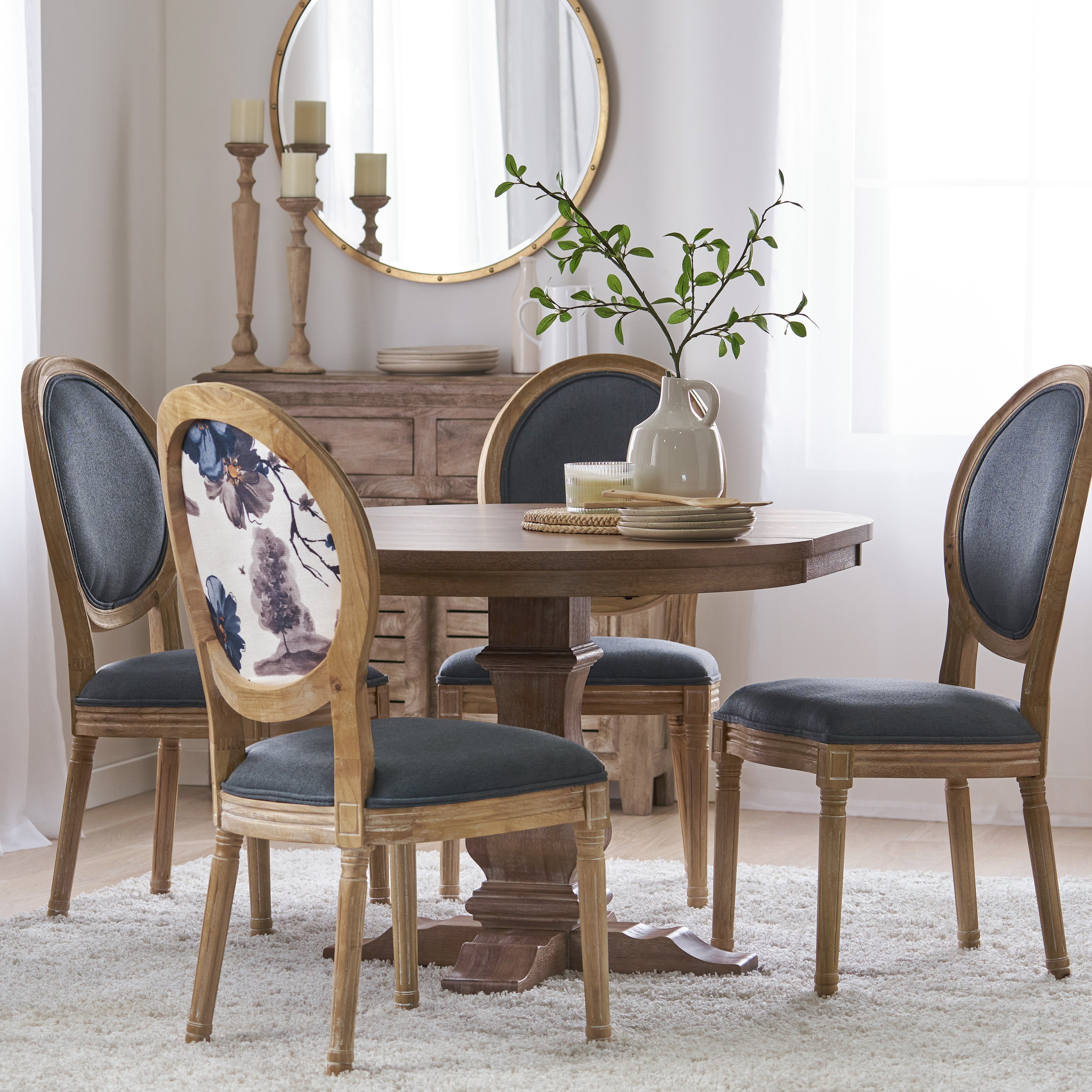 Naclerio French Country Fabric Upholstered Wood 5 Piece Dining Set