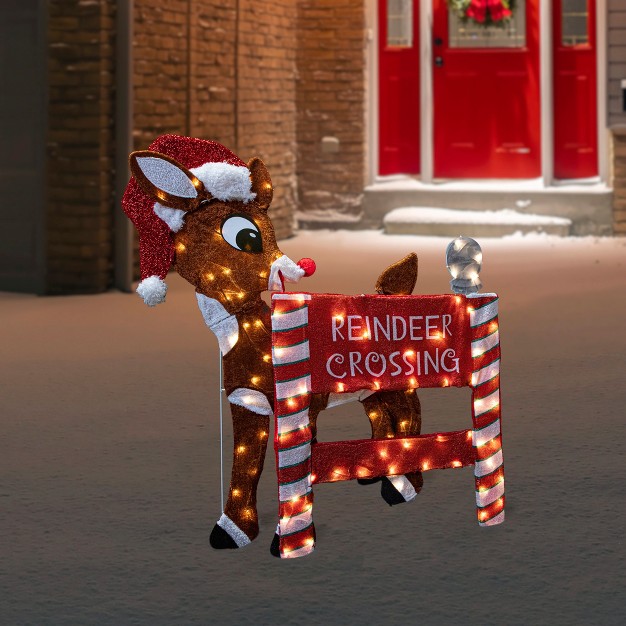 Led Lighted Rudolph Reindeer Crossing Outdoor Christmas Sign Decoration