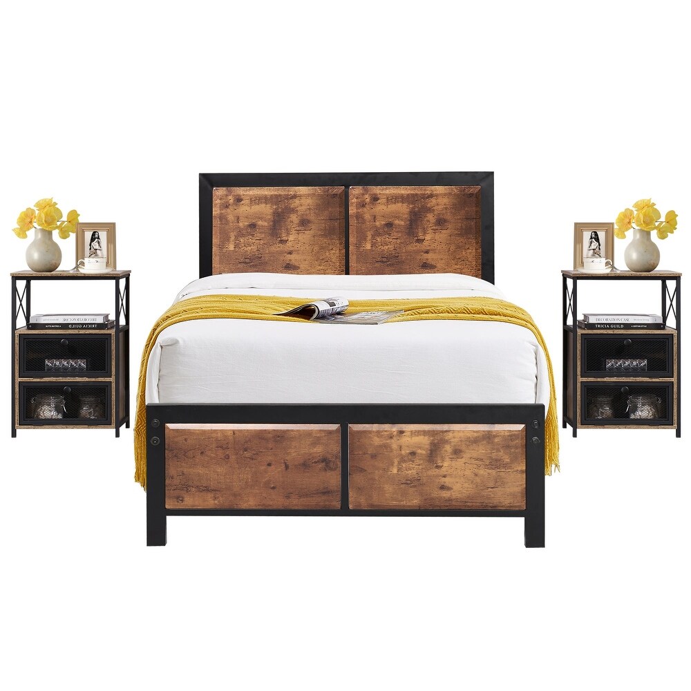 Taomika 3 pieces Bedroom Set Platform Bed and Nightstands Set of 2