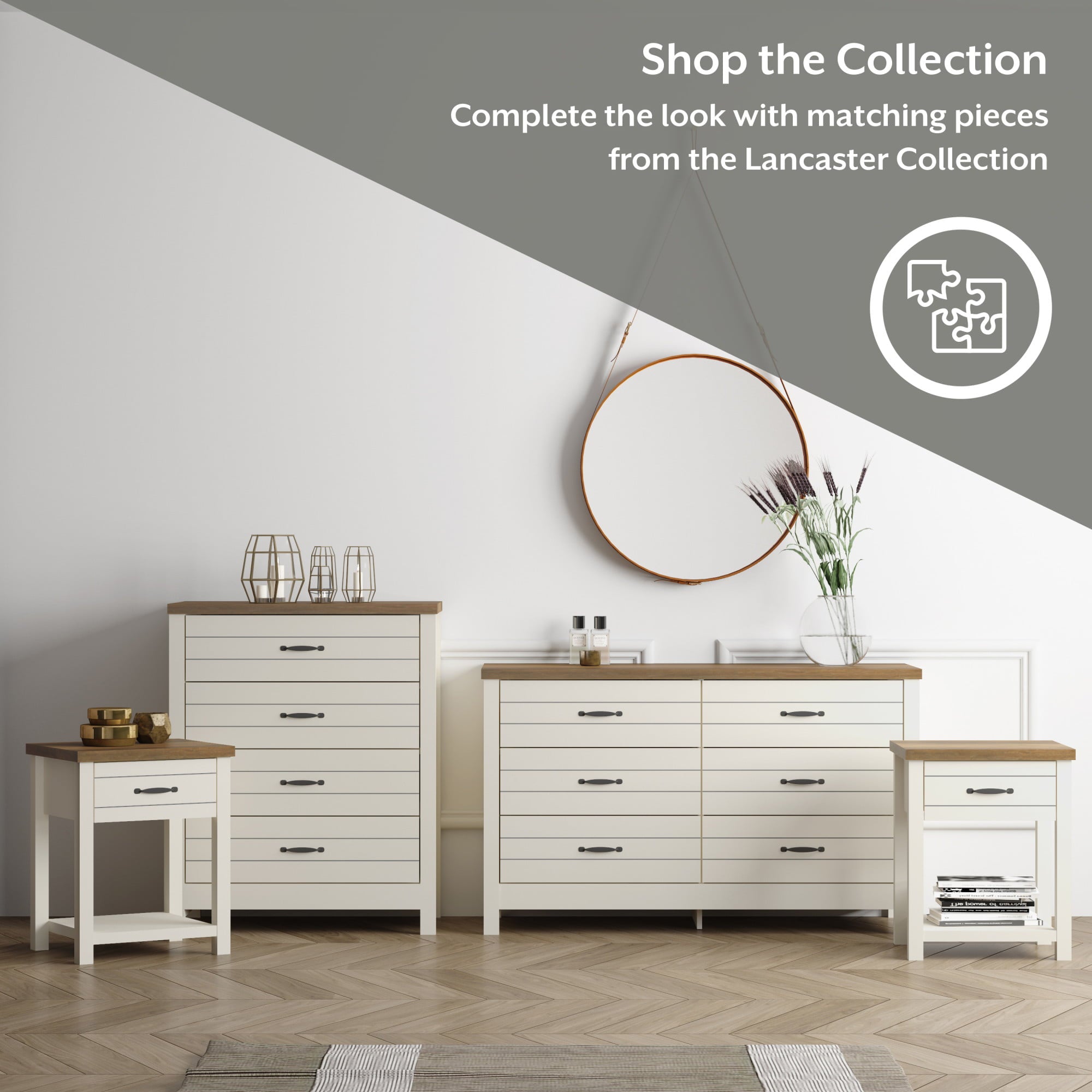 Lancaster Farmhouse 4-Drawer Dresser, Ivory & Oak, by Hillsdale Living Essentials