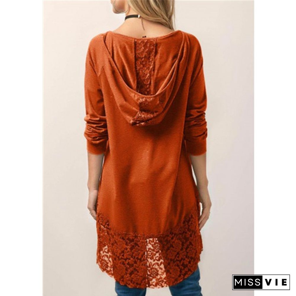 Women Fashion Solid Color Hoodies Long Sleeved T-Shirt Autumn Lace Hooded Sweater Plus Size