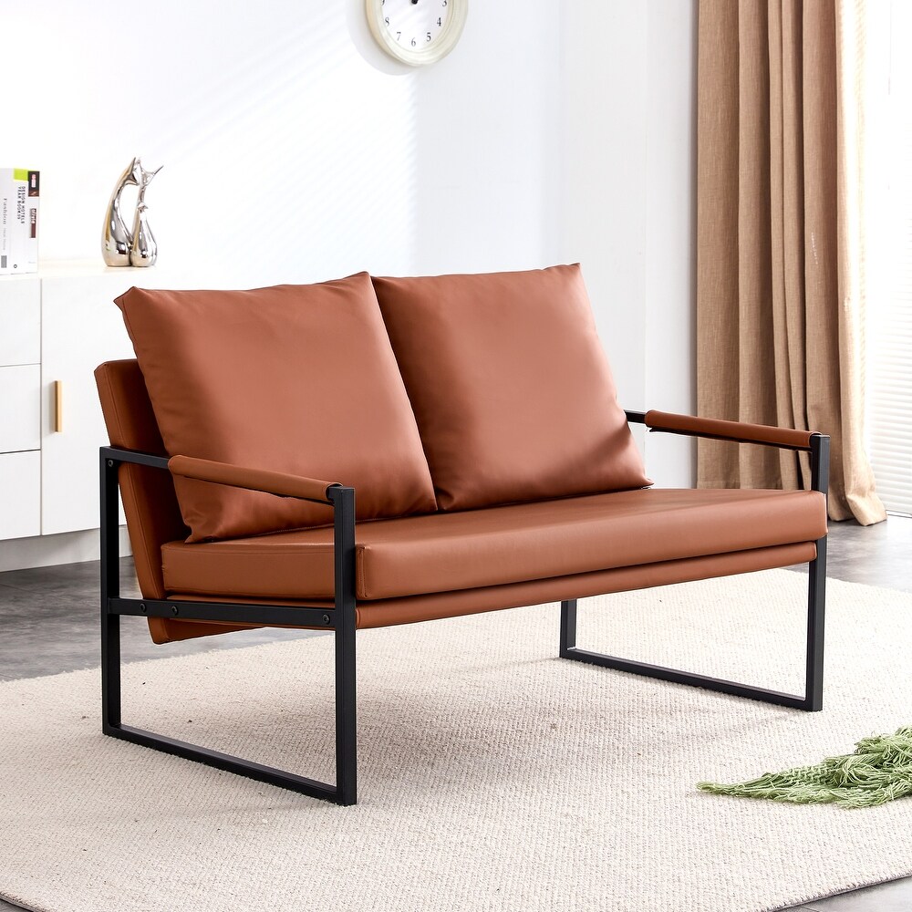 Industrial Sofa Sets(Set of 2)  Brown PU Leather Loveseat Couch  Single Armchair Sofa  Square Lounge Settee for Living Room