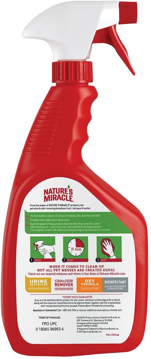 Nature's Miracle Advanced Cat Enzymatic Stain Remover and Odor Eliminator Spray， Sunny Lemon， 32-oz bottle