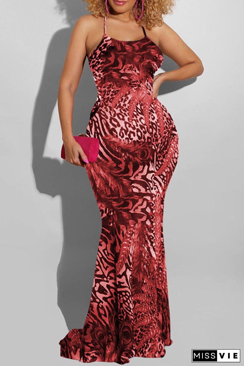 Elegant Print Patchwork Backless Spaghetti Strap Long Dress Plus Size Dresses