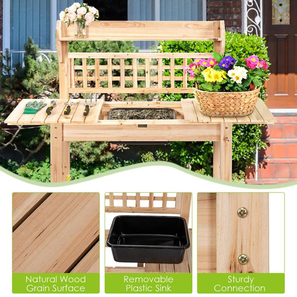 Costway Garden Potting Bench Workstation Table with Sliding Tabletop Sink Shelves J9D3Z5