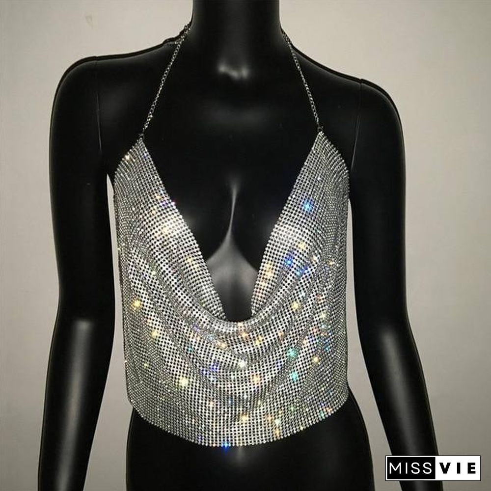 FestivalQueen Brilliant Rhinestone Backless Party Crop Top Women Summer Deep V Neck Night Club Diamonds Metal Tank Tops