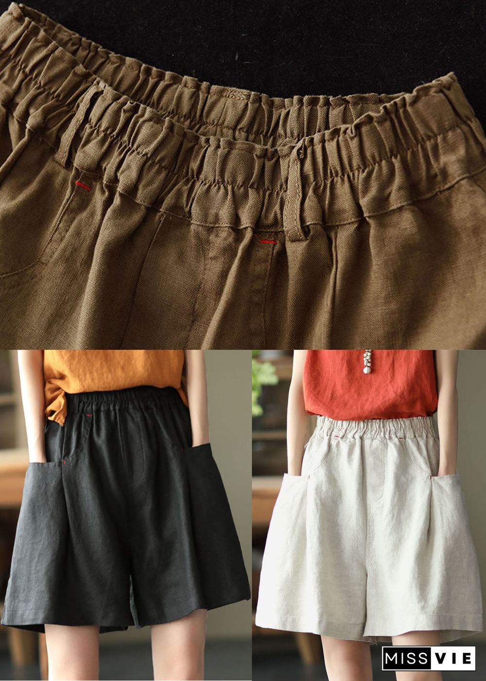 Casual Solid Black Elastic Waist Linen Shorts Trousers Summer