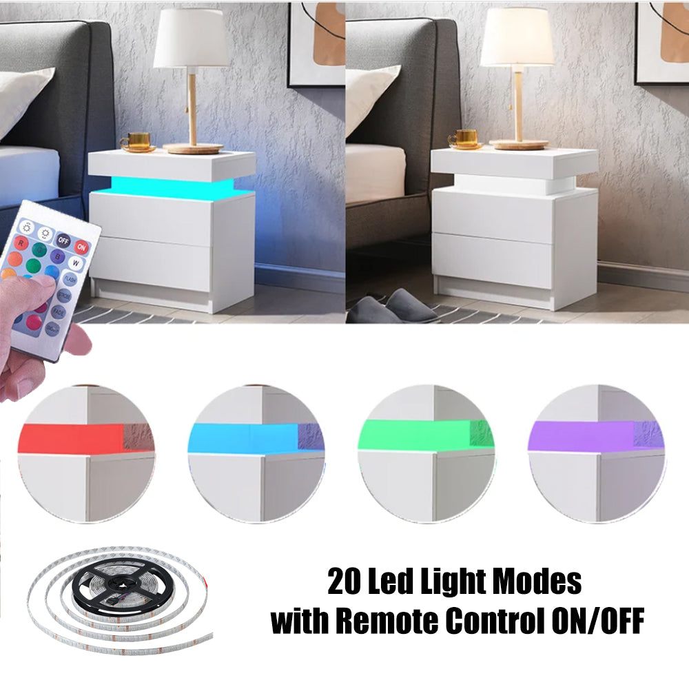 High Gloss Bedside Table Thicken LED Nightstand Cabinet With 2 Drawers,Brighten LED Light Strip Remote Control,White (High Quality Upgraded Version)