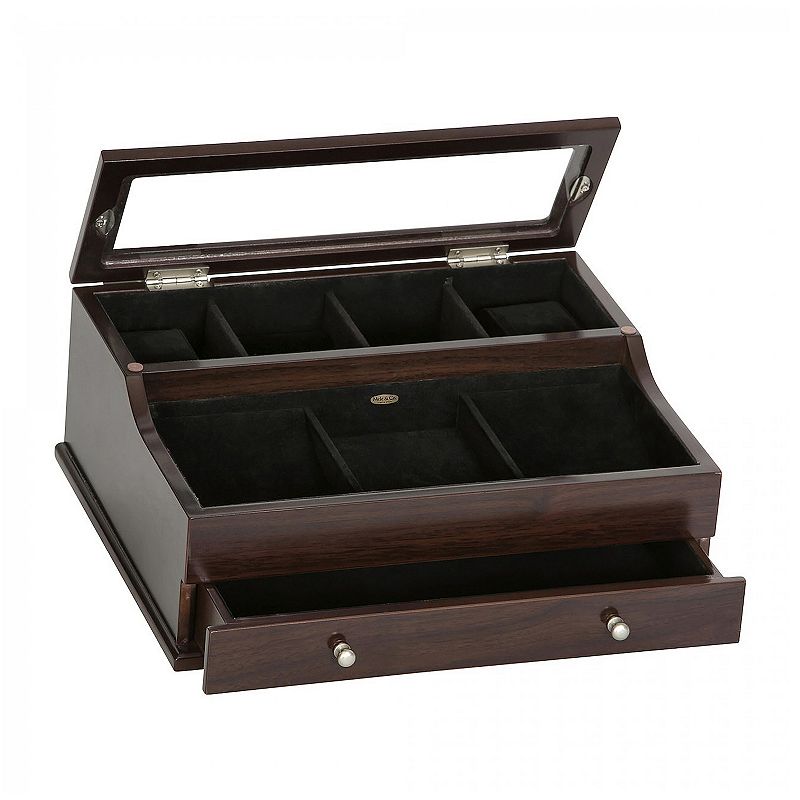 Mele and Co. Wood with Mahogany Finish Hampden Men's Glass Top Watch Box and Dresser Top Valet