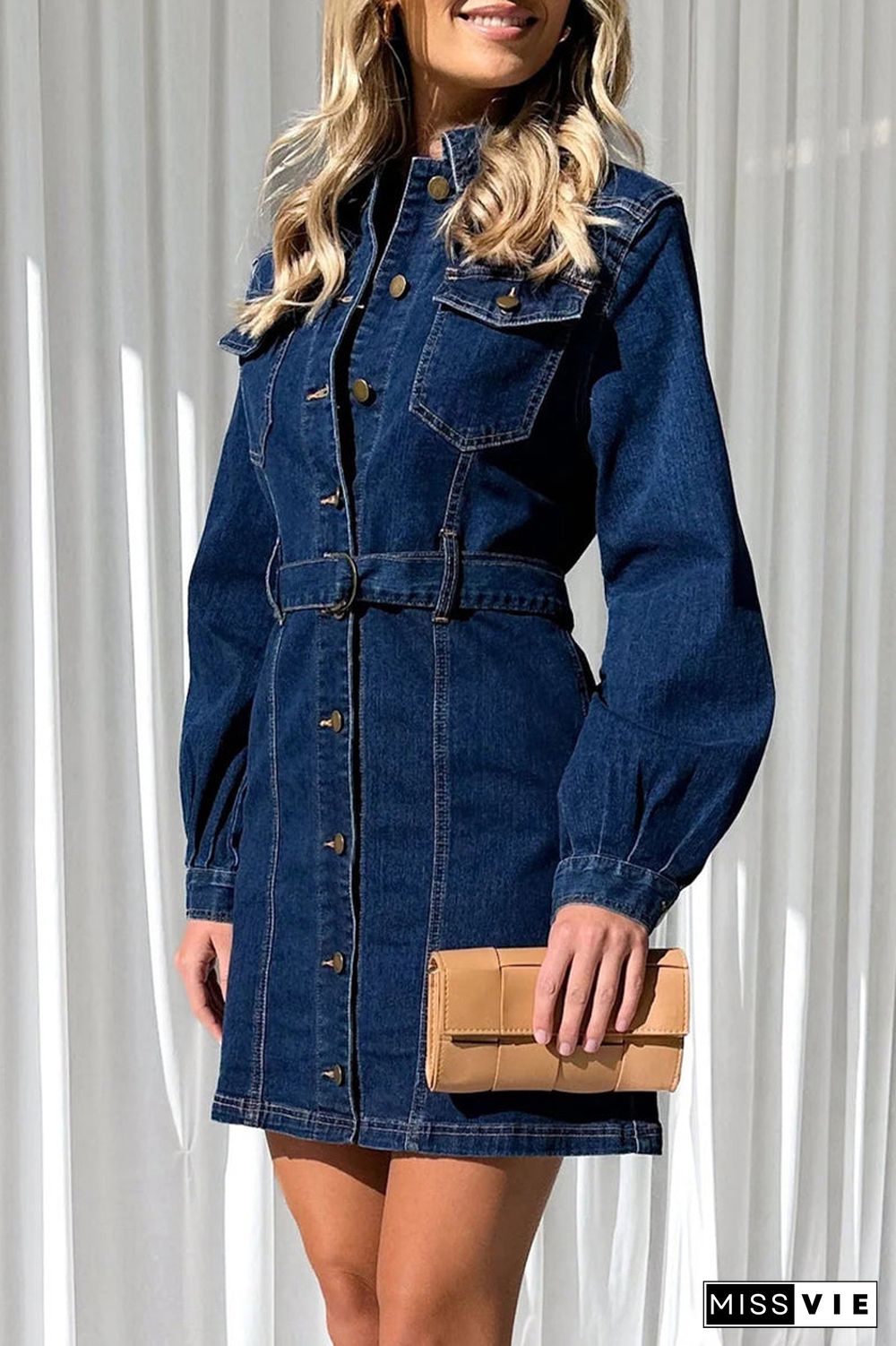 Casual Solid Pocket Buckle With Belt Turndown Collar Long Sleeve Straight Denim Dresses