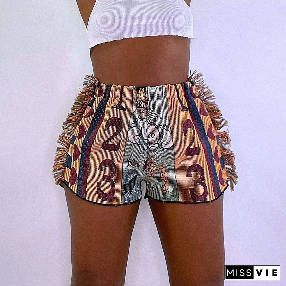 Pattern Print Tassel Side Mid Waist Shorts