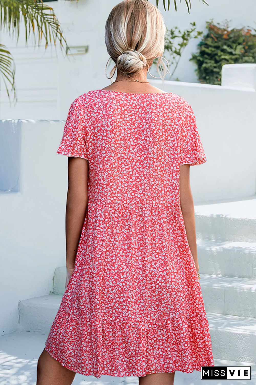 V Neck Button Short Sleeves Floral Dress