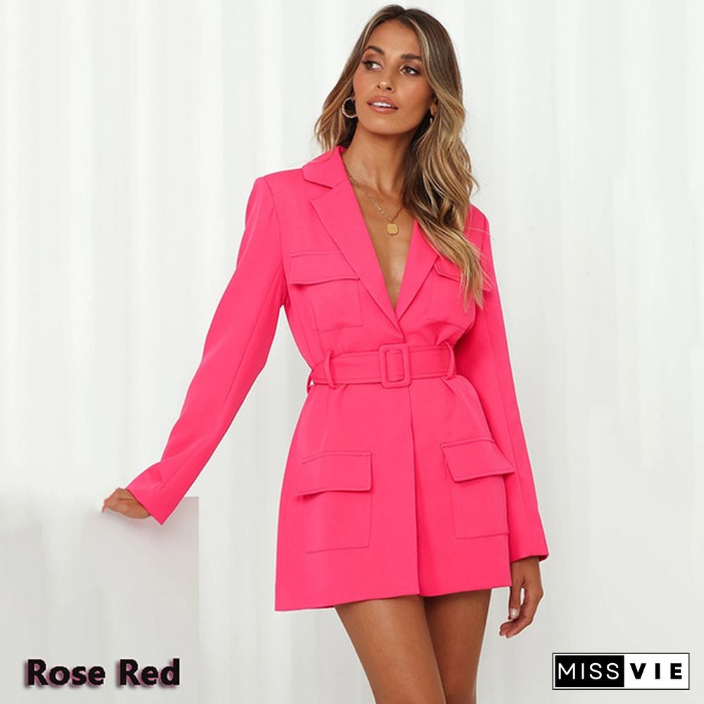 Women Long Sleeve Belted Blazer Dress Outfit