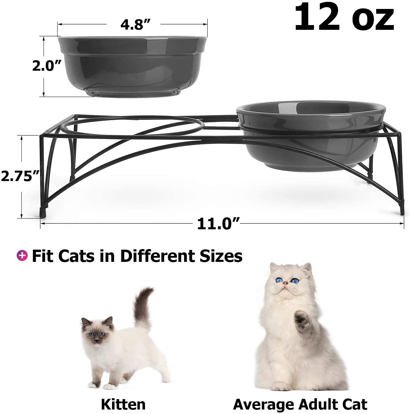 Y YHY Ceramic Pet Bowls with Stand, 12 Ounces Raised Cat Dishes,Elevated Pet Bowls Non-skid for Cats/Puppys, Gray